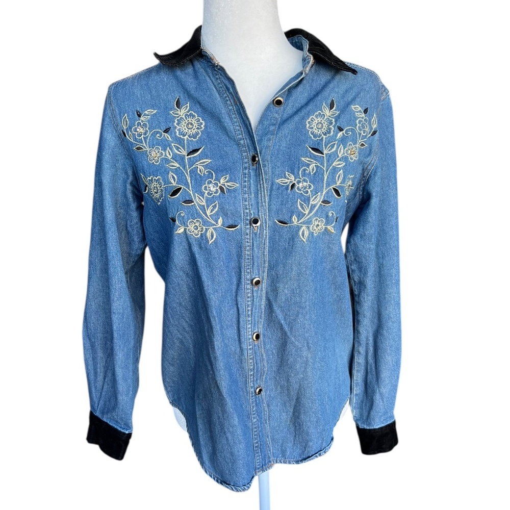 Vintage Denim Button-Down with floral embroidery & velvet collar/cuffs